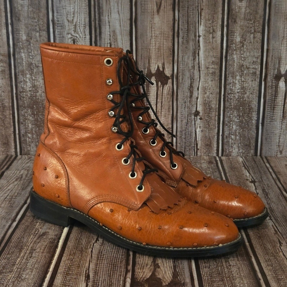 Sz 7 B Womens Justin Cognac Full Quill Ostrich Lace Up Kiltie Western Boots VGUC